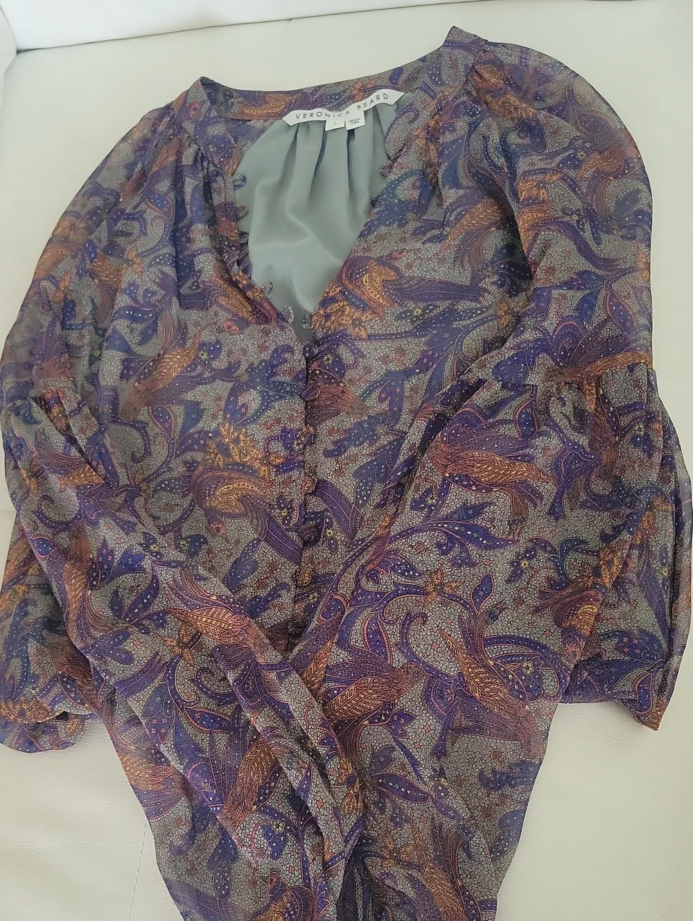Women's Veronica Beard Sheer Paisley Button-Front Women's Top in Purple and Gold